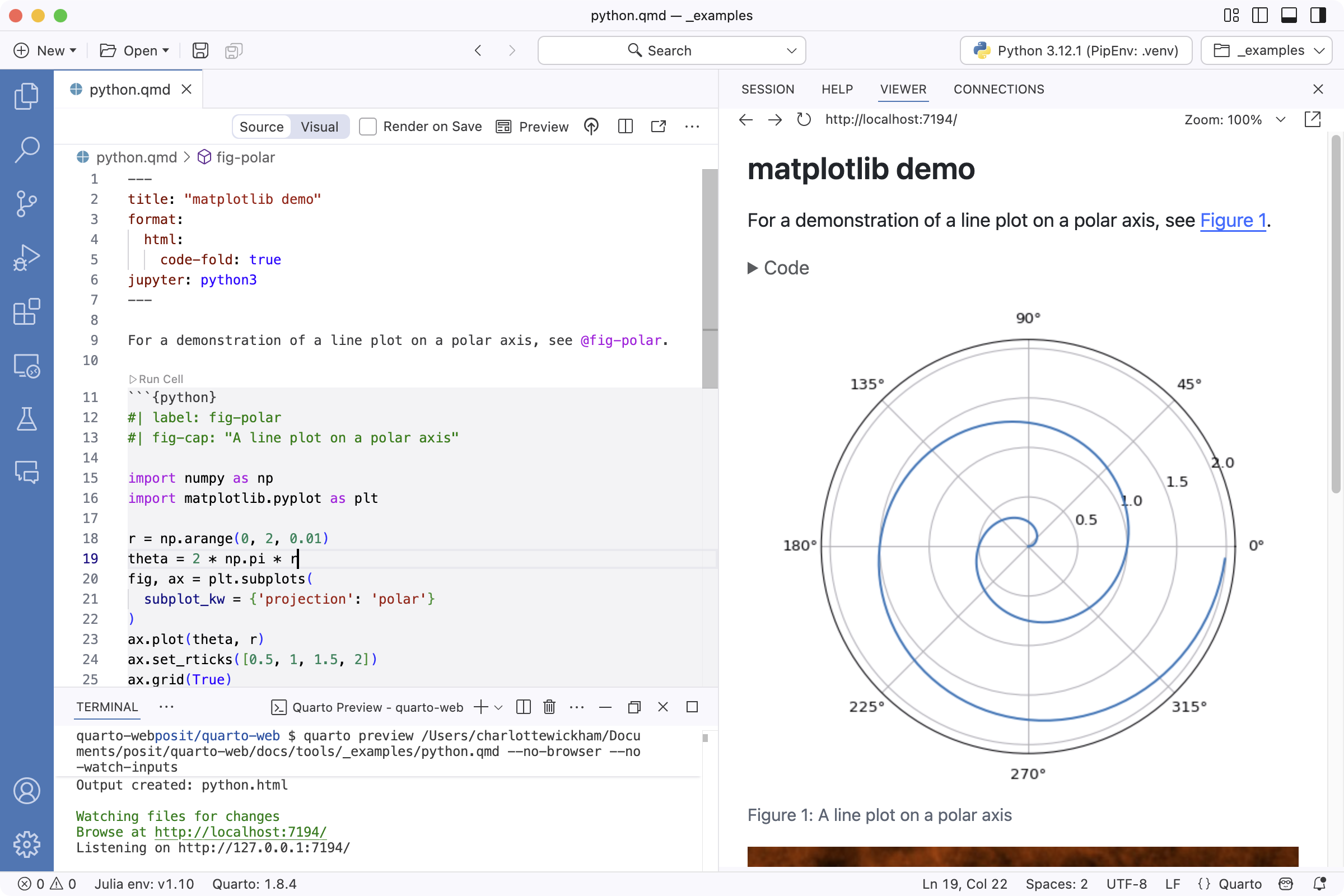 The Positron IDE with a Quarto document open: a Source/Visual editor toggle and a Preview button above the .qmd source pane on the left, and a live HTML preview of the rendered document on the right.