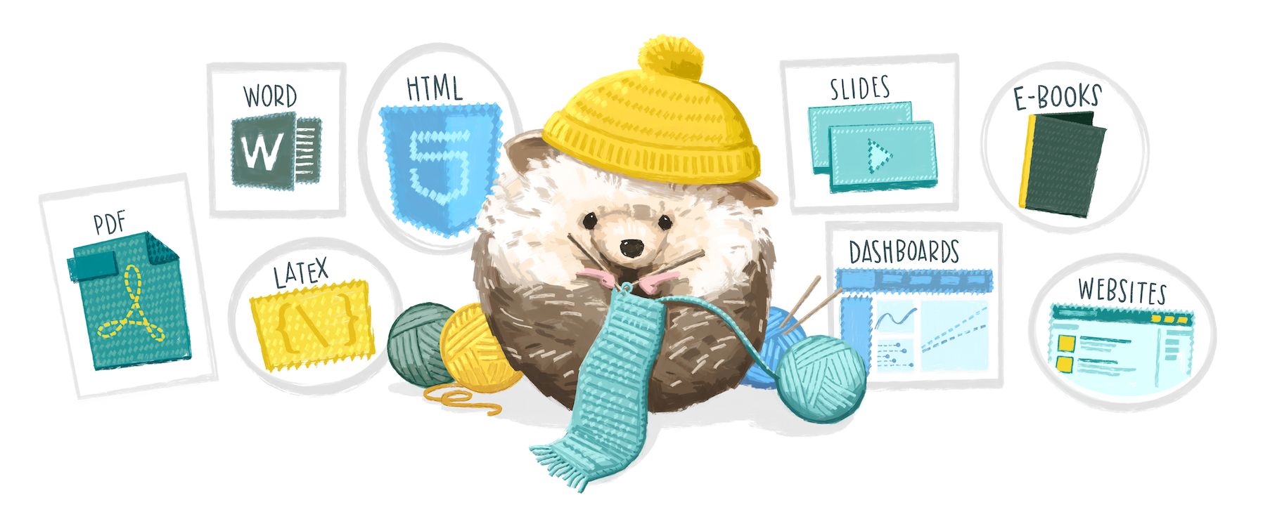 A round hedgehog in a yellow beanie, knitting a teal scarf. Behind them are different outputs from "knitting" documents in R, including PDF, Word, LaTeX, html5, slides, eBooks, dashboards, and websites.