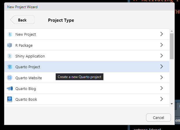 Quarto project creation menu from RStudio IDE